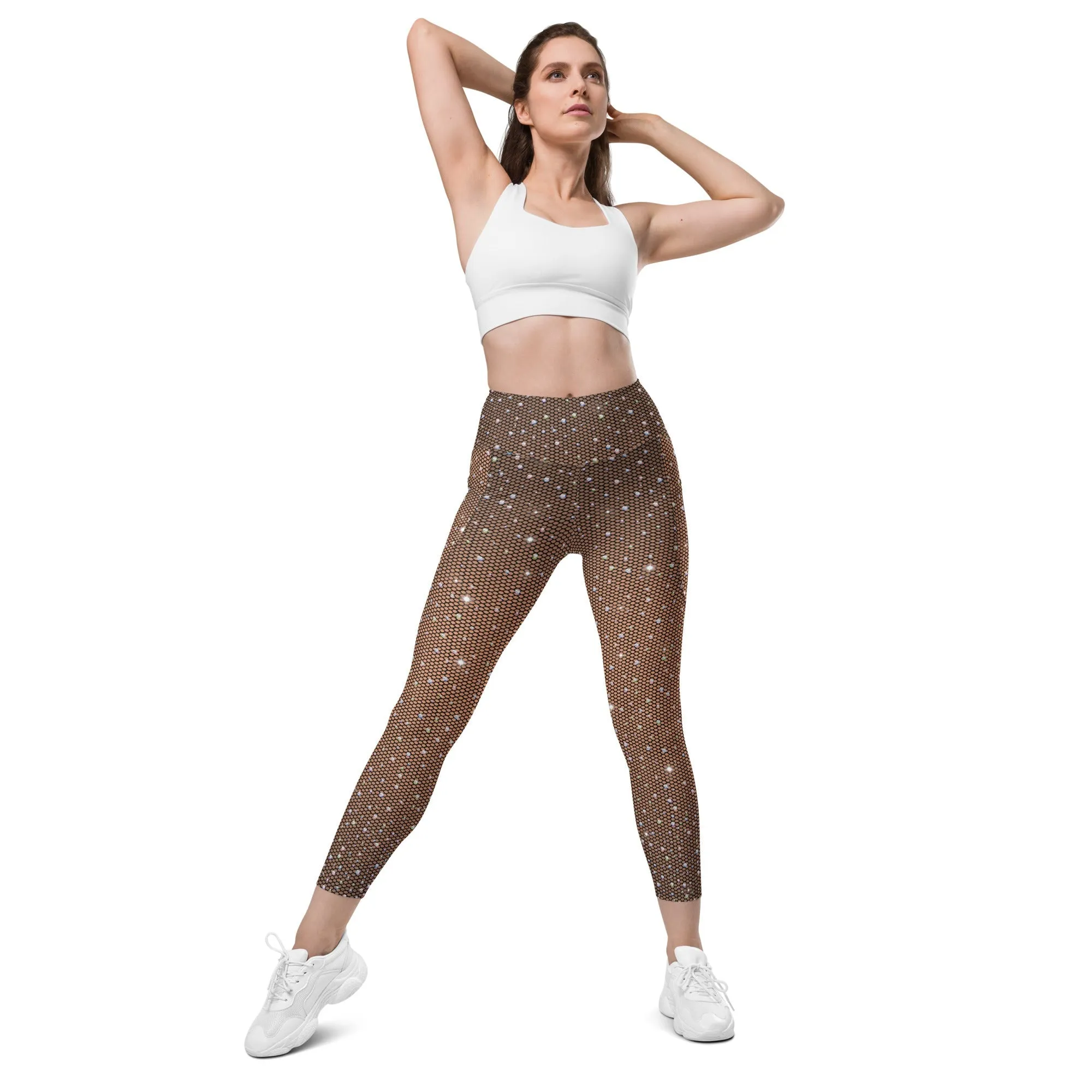 Sparkle Fishnet Print Leggings With Pockets