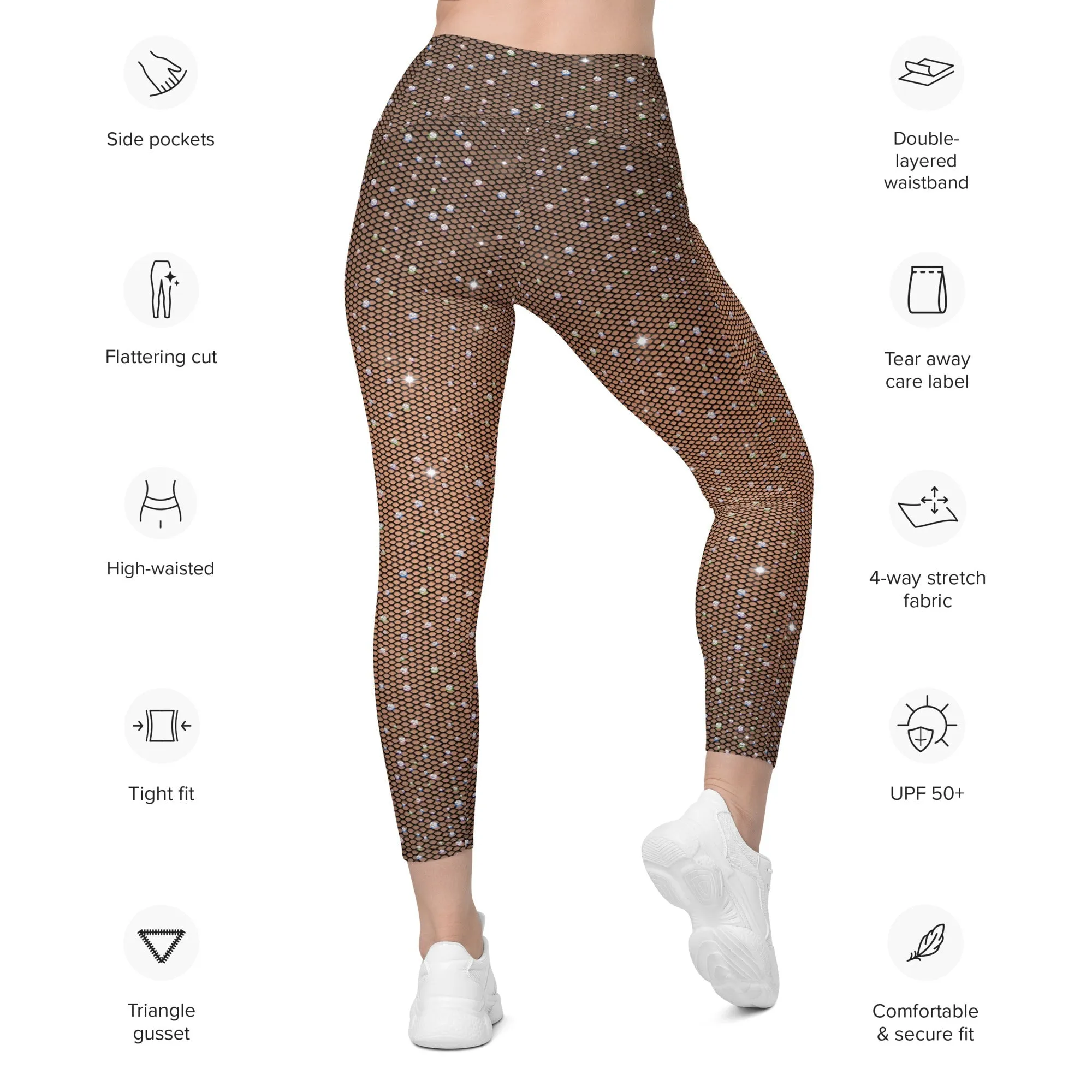 Sparkle Fishnet Print Leggings With Pockets