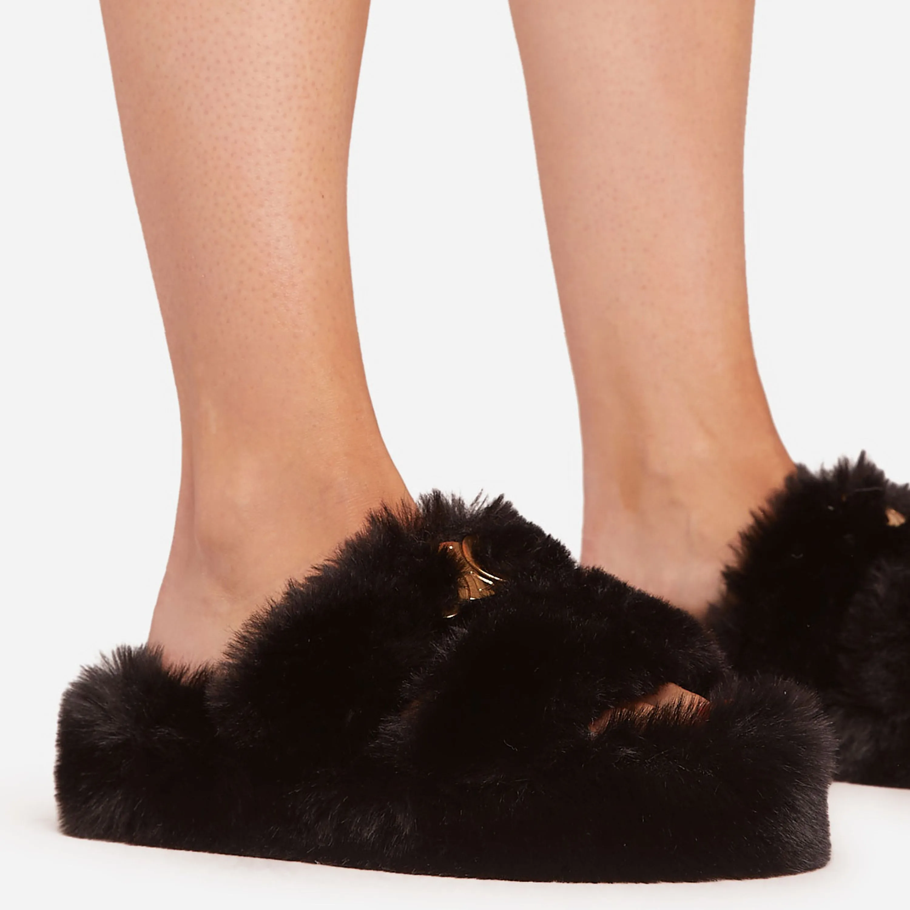 Stass Logo Detail Double Strap Flat Slipper In Black Faux Fur