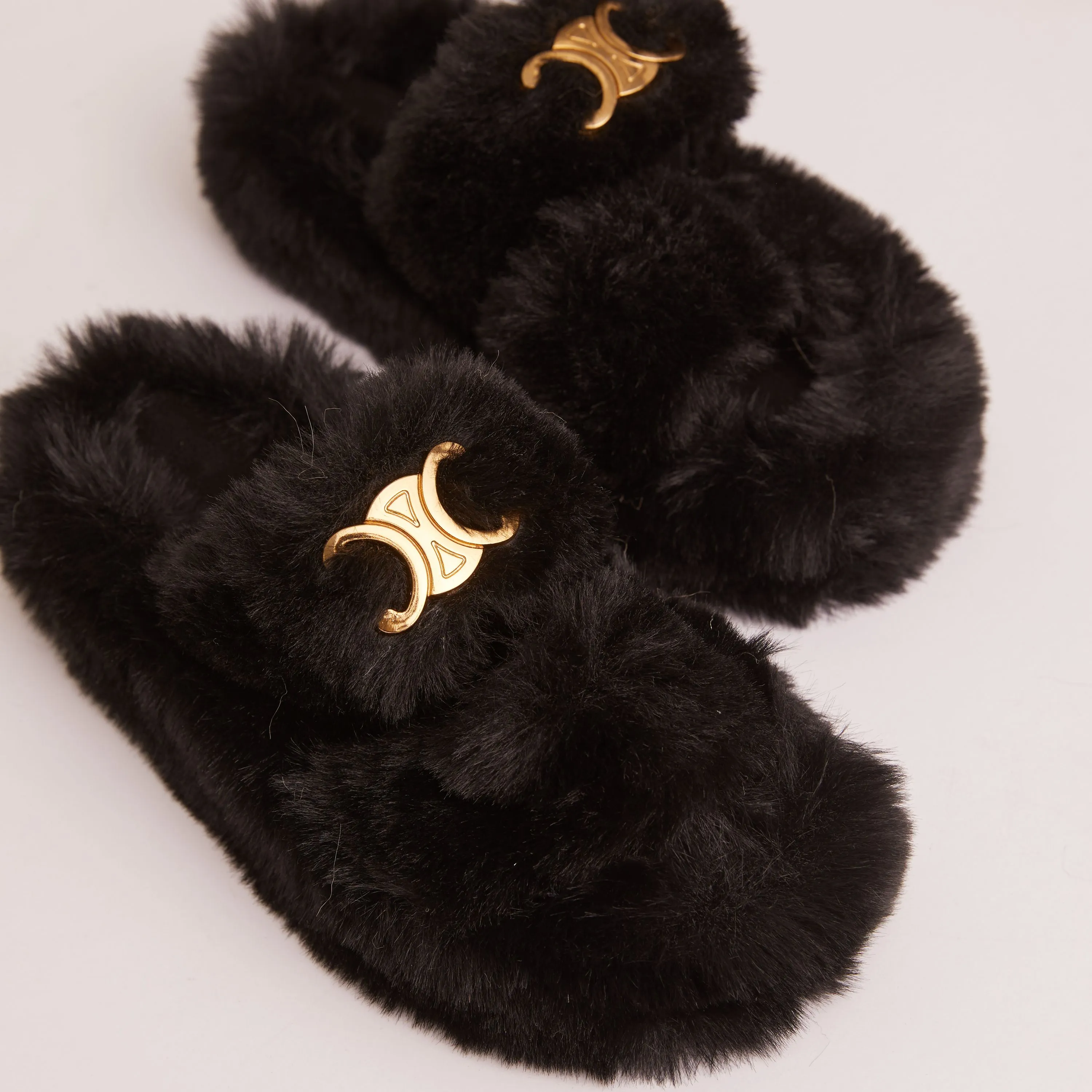 Stass Logo Detail Double Strap Flat Slipper In Black Faux Fur