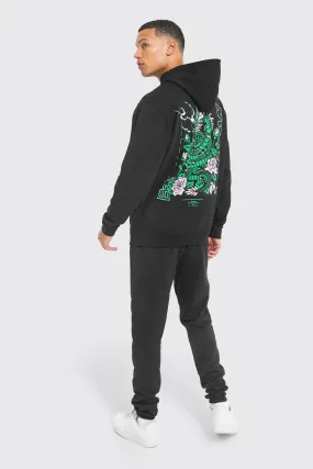 Tall Floral Dragon Graphic Hooded Tracksuit | boohooMAN UK