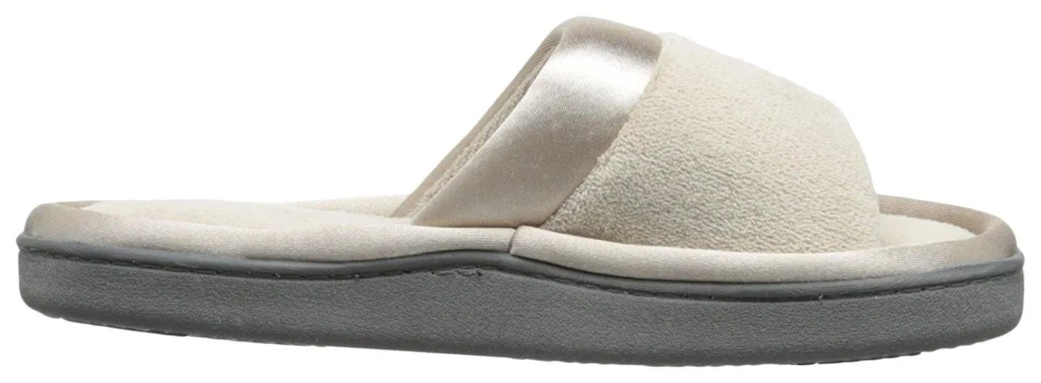 Totes isotoner Women's Microterry Slide Slipper with Satin Trim, Stone, 9.5/10