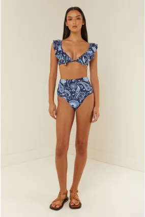 V NECK FRILL BIKINI TOP (BLUE PAISLEY)