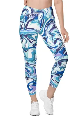 Vibrant Blue Marble Crossover Leggings With Pockets