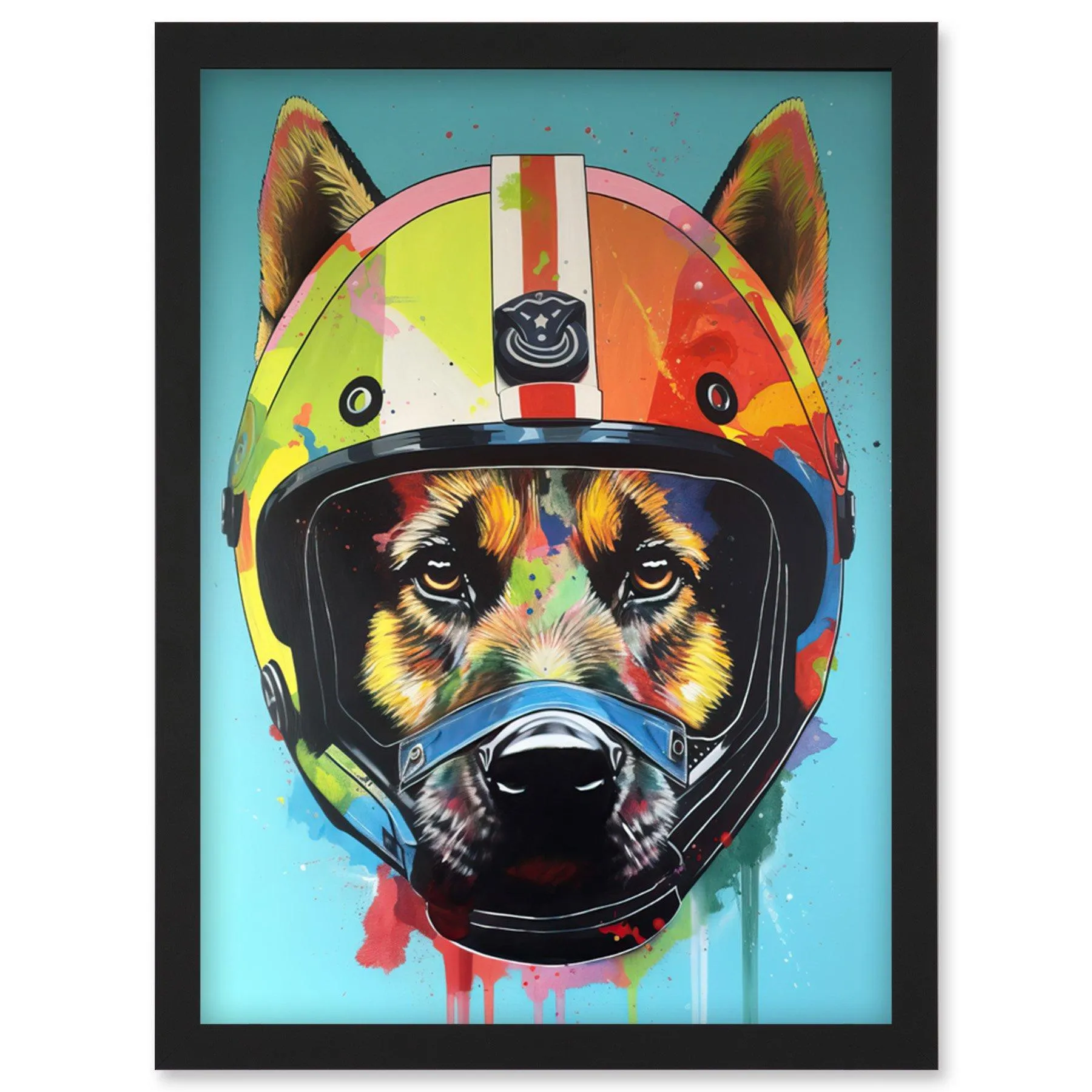 Wall Art & Pictures | German Shepherd Wearing Motorbike Helmet Pop Art Artwork Framed Wall Art Print A4 | Artery8