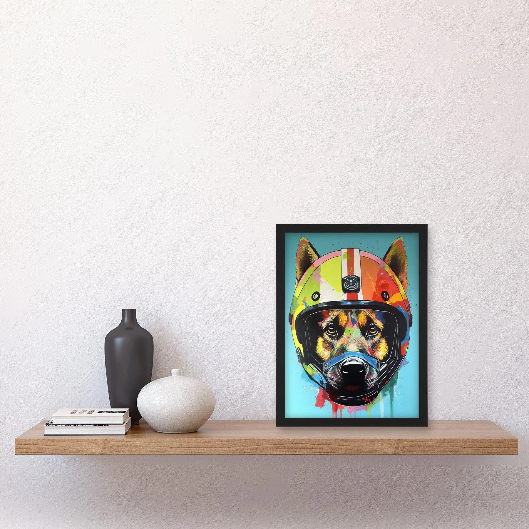 Wall Art & Pictures | German Shepherd Wearing Motorbike Helmet Pop Art Artwork Framed Wall Art Print A4 | Artery8