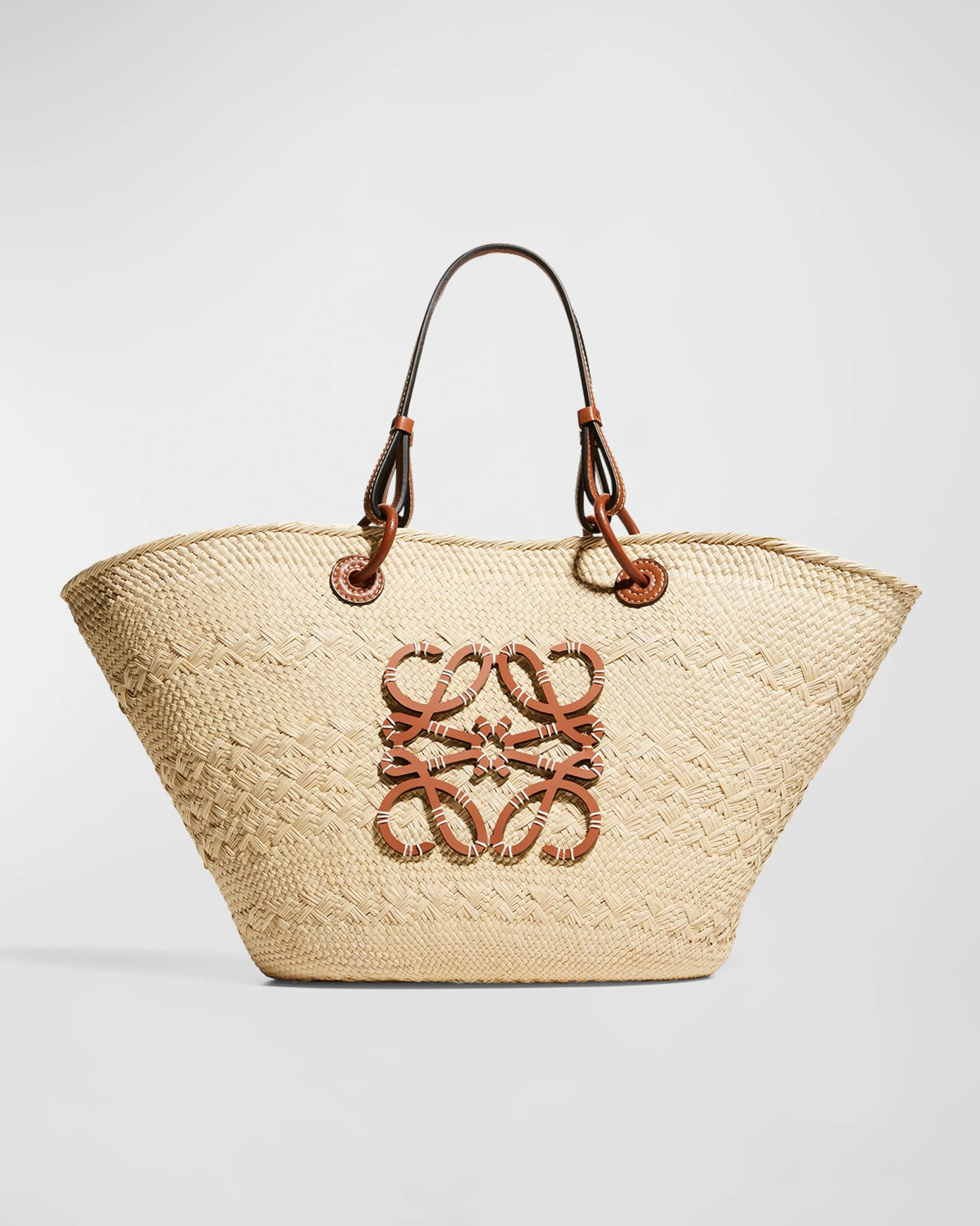 x Paula's Ibiza Anagram Basket Bag in Iraca Palm with Leather Handles